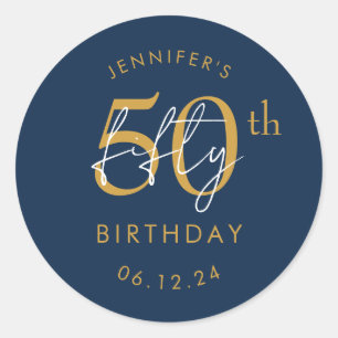 Gold Modern Script 50th Birthday Party Navy  Classic Round Sticker