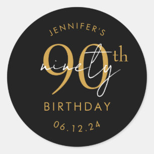 Gold Modern Script 90th Birthday Party Black Classic Round Sticker