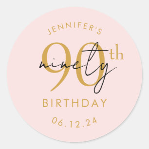 Gold Modern Script 90th Birthday Party Blush Pink Classic Round Sticker