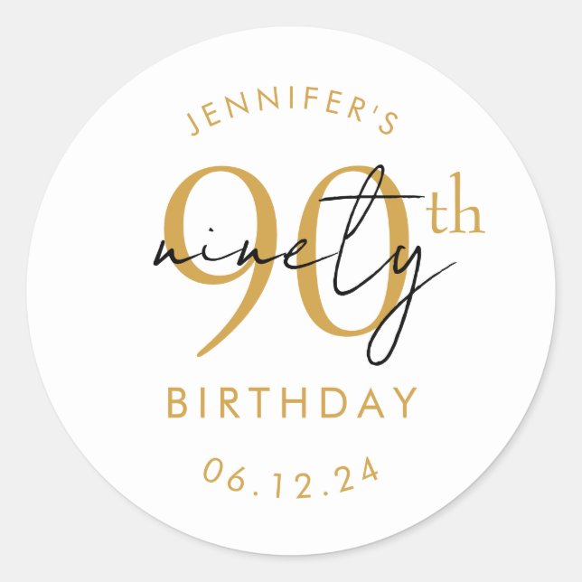 Gold Modern Script 90th Birthday Party  Classic Round Sticker (Front)