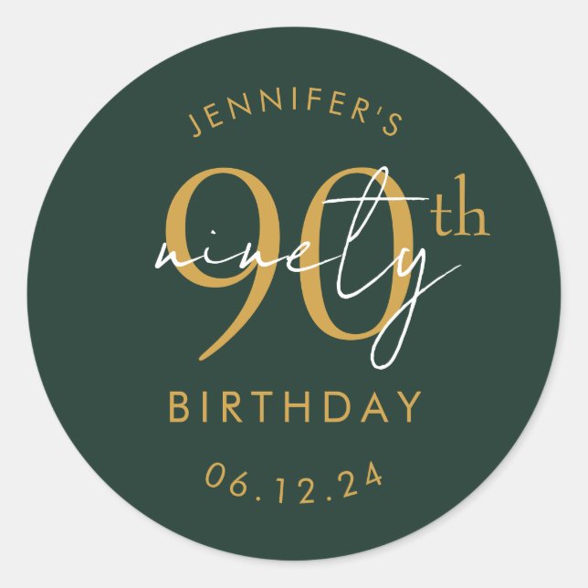 Gold Modern Script 90th Birthday Party Green  Classic Round Sticker (Front)