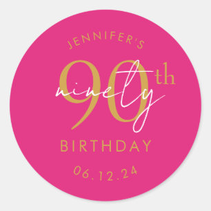 Gold Modern Script 90th Birthday Party Hot Pink  Classic Round Sticker