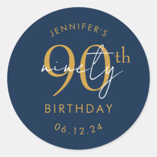 Gold Modern Script 90th Birthday Party Navy Blue Classic Round Sticker
