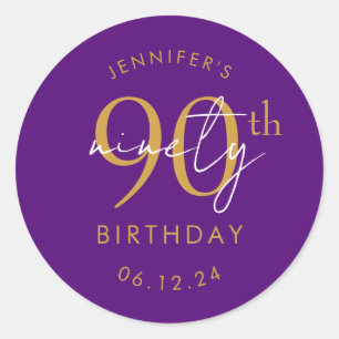 Gold Modern Script 90th Birthday Party Purple  Classic Round Sticker