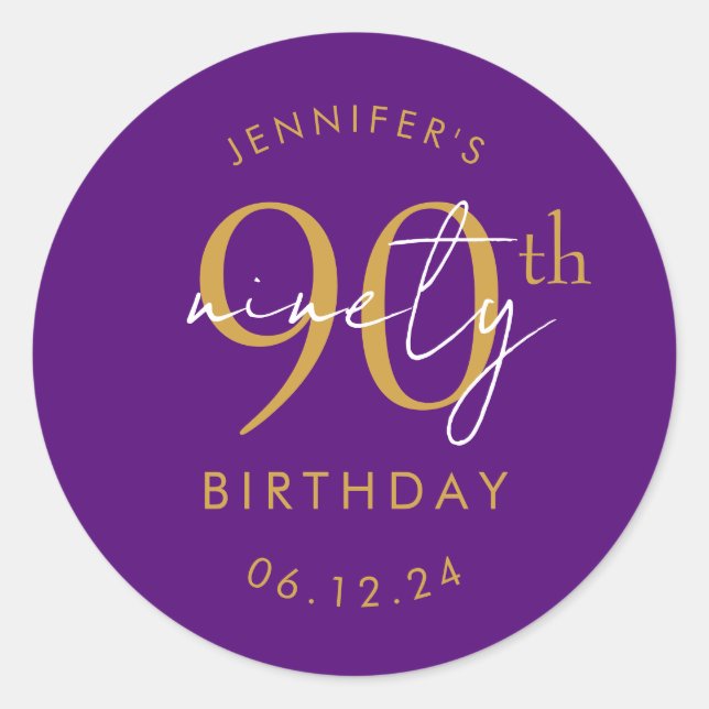 Gold Modern Script 90th Birthday Party Purple  Classic Round Sticker (Front)