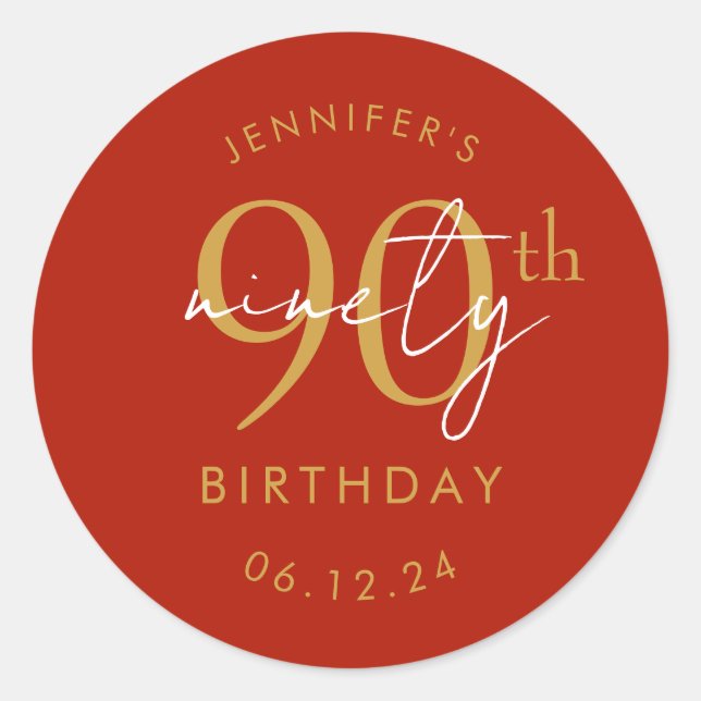 Gold Modern Script 90th Birthday Party Red  Classic Round Sticker (Front)