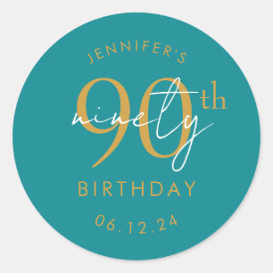 Gold Modern Script 90th Birthday Party Turquoise  Classic Round Sticker
