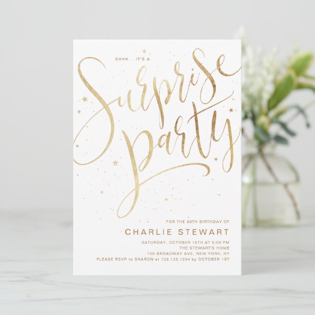 Gold Modern Script Any Age Surprise Birthday Party Invitation (Standing Front)