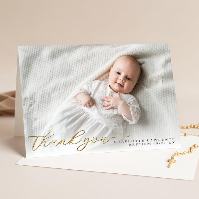 Gold Modern Script Baptism Thank You Card  (Baptism Thank You Card)