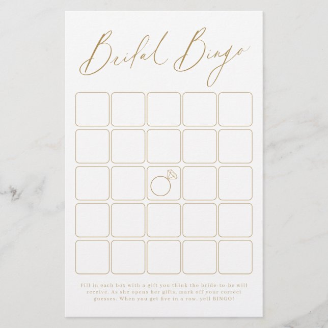 Gold modern script bridal shower bingo game (Front)