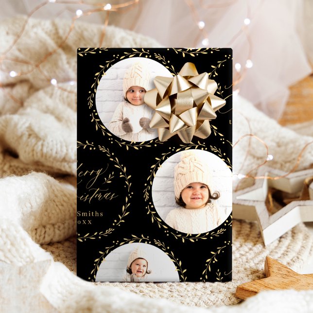 Gold Modern Script Merry Christmas Family 6 photo Wrapping Paper (Gold Modern Script Merry Christmas Family 6 photo Wrapping Paper)
