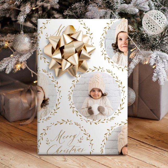 Gold Modern Script Merry Christmas Family 6 photo Wrapping Paper (Gold Modern Script Merry Christmas Family 6 photo Wrapping Paper)