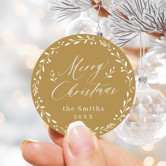 Gold Modern script Merry Christmas Holiday Gift Classic Round Sticker (Gold Modern script Merry Christmas Holiday Gift Classic Round Sticker)