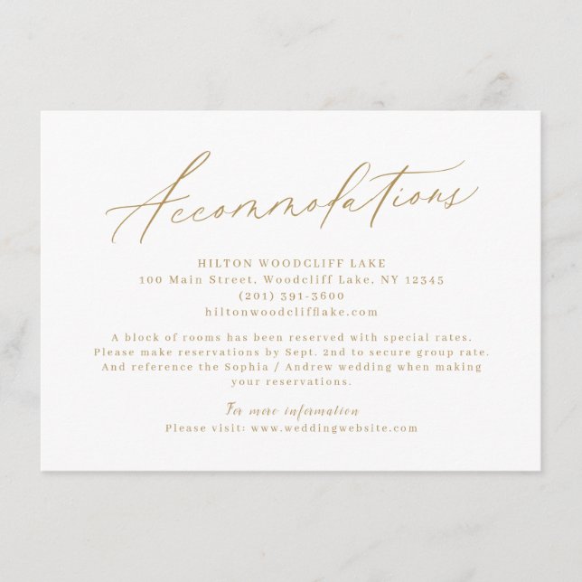 Gold modern script minimalist accommodation enclosure card (Front)