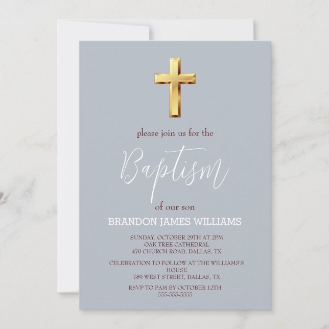 Gold Modern Simple Dusty Blue Cross Baptism  Invitation (Front)