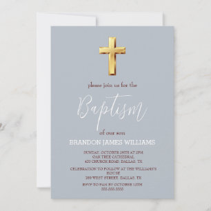 Gold Modern Simple Dusty Blue Cross Baptism  Invitation