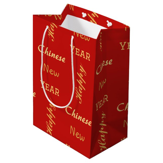 Gold Modern simple unique Calligraphy Happy CNY Medium Gift Bag (Back Angled)