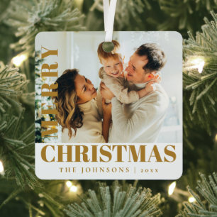 Gold Modern Stylish Merry Christmas Family Photo Metal Tree Decoration