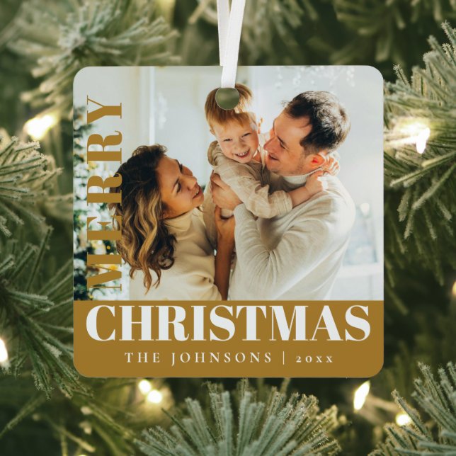 Gold Modern Stylish Merry Christmas Family Photo Metal Tree Decoration (Insitu)