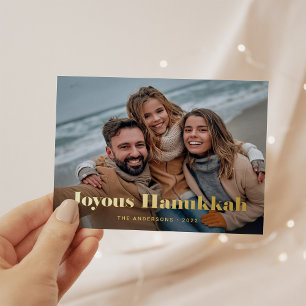 Gold Modern Text and Photo Joyous Hanukkah Foil Holiday Postcard