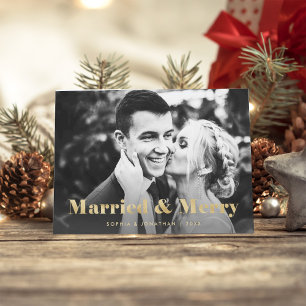 Gold Modern Text Two Photo Married and Merry Holiday Card