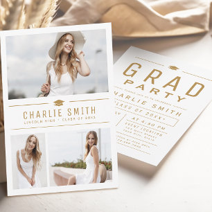 Gold Modern Typography 3 Photo Graduation Party Invitation