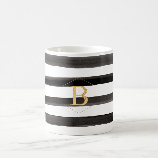 Gold Monogram|A-Z, Watercolor Stripes, Black Coffee Mug (Center)