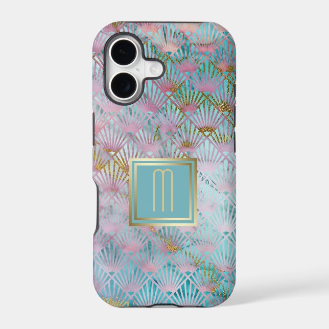 Gold Monogram Aqua Blue Art Deco Pattern (Back)