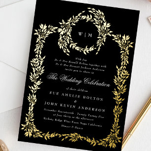 Gold Monogram Black Crest Classic Wedding