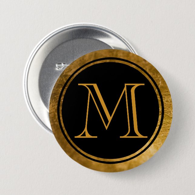 Gold Monogram Black Elegance 7.5 Cm Round Badge (Front & Back)