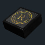 Gold Monogram Black Leather Wedding Anniversary Gift Box<br><div class="desc">Make your own classy, elegant, unique monogram using this custom logo design with retro gold typography over vintage black leather image background. Replace the sample text with your family initial, names, wedding date or other text for a personalised gift. Makes a wonderful gift for Wedding, Anniversary, Engagement, birthday, retirement and...</div>