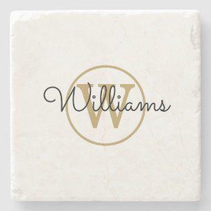 Gold Monogram Black Script Name Stone Coaster
