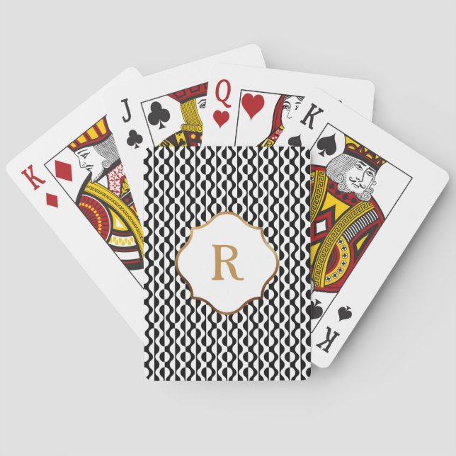 Gold Monogram, Black & White Waves Retro Pattern Playing Cards (Back)