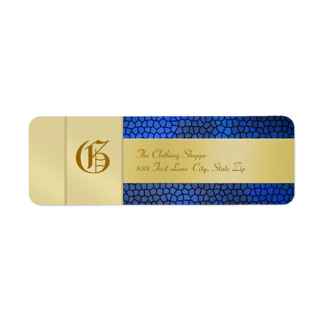 Gold  Monogram Blue Business Address Label (Front)