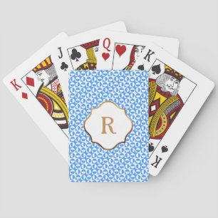 Gold Monogram Blue & White Diagonal Retro Pattern Playing Cards