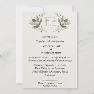 Gold Monogram Botanical Crest Save The Date Announ Invitation