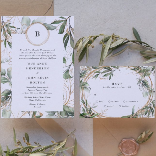 Gold Monogram Botanical Eucalyptus Circles Moss Invitation (Invitation showcasing suite - additional items (bought separately))