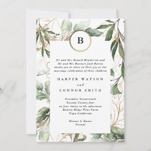 Gold Monogram Botanical Eucalyptus Moss Wedding Invitation