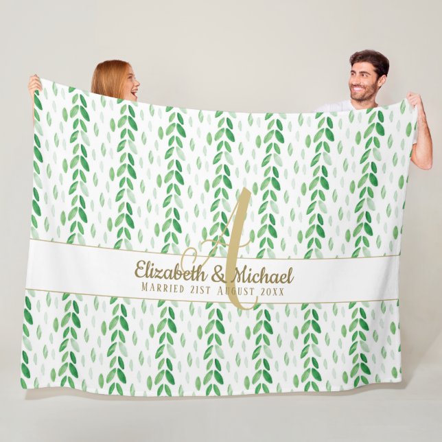 Gold Monogram Botanical Watercolor Greenery Weddin Fleece Blanket (In Situ)