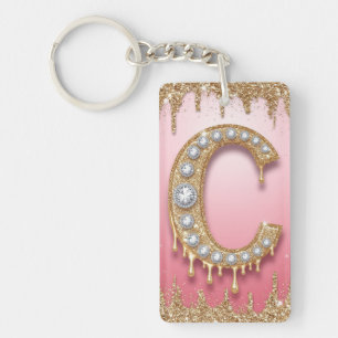 Gold Monogram C Diamond Letter Pink Gift For Mum Key Ring