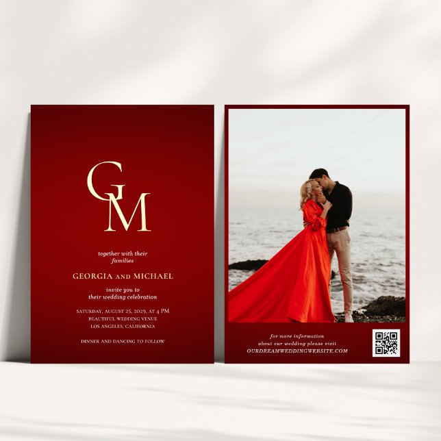 Gold Monogram Crimson Red Photo QR Code Wedding (Creator Uploaded)