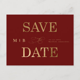 Gold Monogram Deep Red Wedding Save the Date  Postcard
