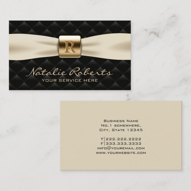 Gold Monogram Diamond Quilted Ivory Ribbon Black Business Card (Front/Back)
