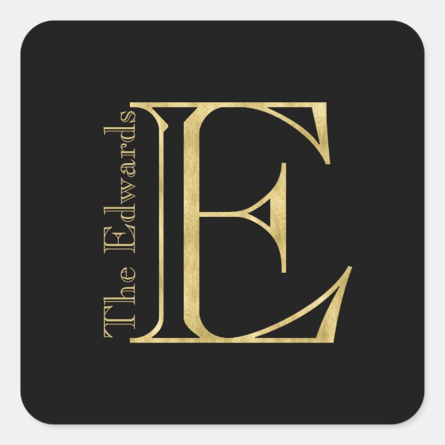 Gold Monogram E and Name on Any Colour Square Sticker (Front)