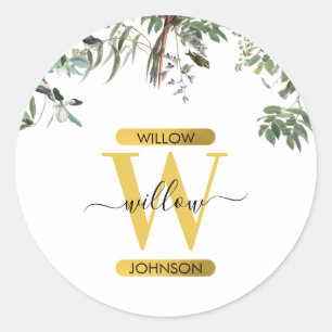 Gold Monogram Elegant Eucalyptus Greenery & Birds  Classic Round Sticker