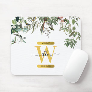 Gold Monogram Elegant Eucalyptus Greenery & Birds  Mouse Pad