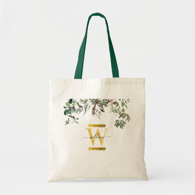 Gold Monogram Elegant Eucalyptus Greenery & Birds Tote Bag (Front)