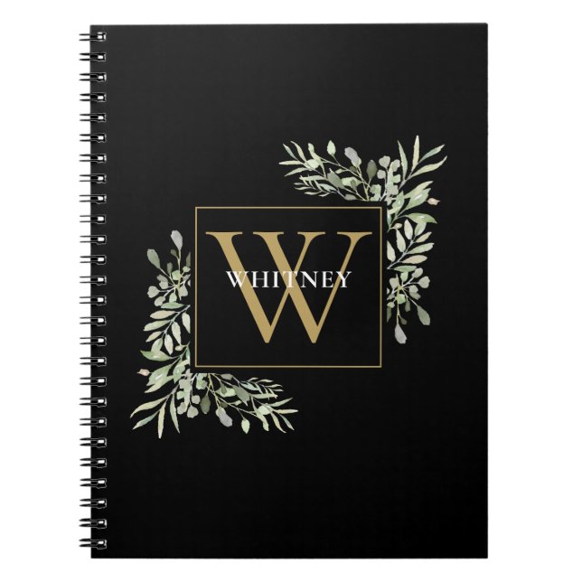 Gold Monogram Elegant Eucalyptus Greenery Black Notebook (Front)