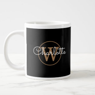 Gold Monogram Elegant Girly Script Black Large Coffee Mug