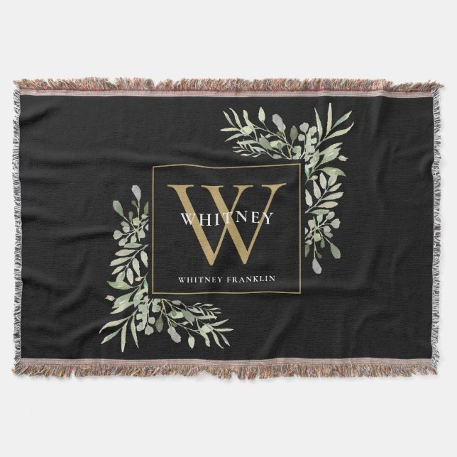 Gold Monogram Elegant Greenery Black Throw Blanket (Front)